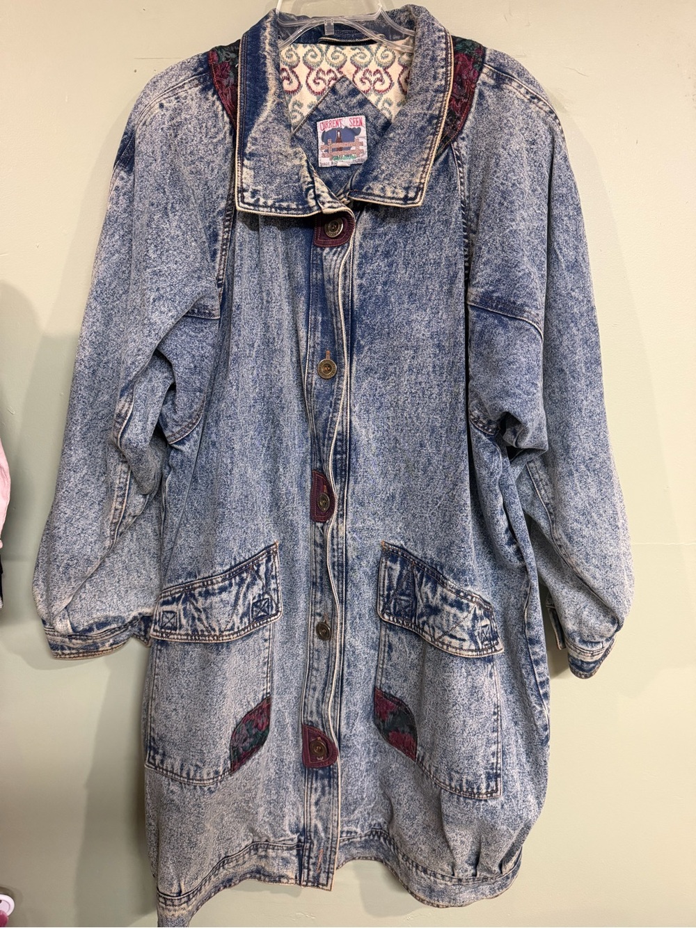 Vintage Acid-Wash Denim Coat with Embroidered Accents